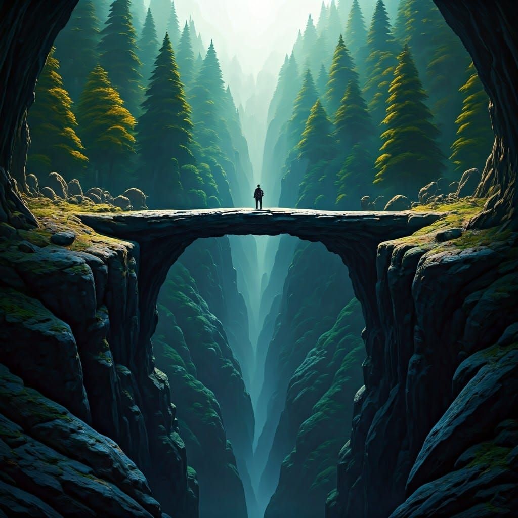 Narrow Bridge Over a Mystical Chasm in Vibrant, Magical Land...