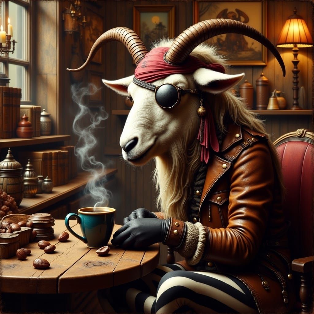 <lora:piratecritter:1.0> goat pirate drinking coffee