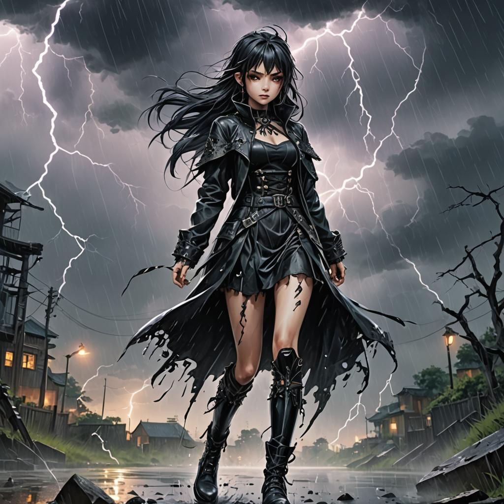 (Lora : Airbrush) lightning and rain goth fairy, black highl...