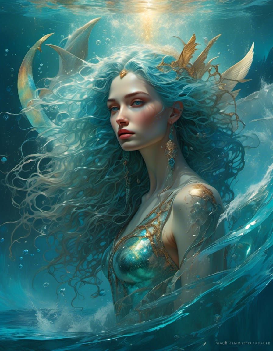 A breathtaking bright hyperdetailed photorealistic unique whimsical  full body portrait  of beautiful angel of Atlantis, with long aqua hair...