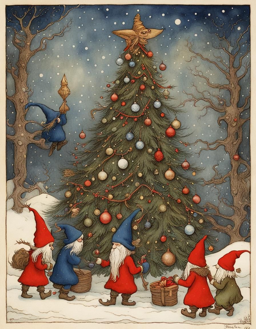 Whimsical Winter Wonderland with Dragons Decorating a Christ...
