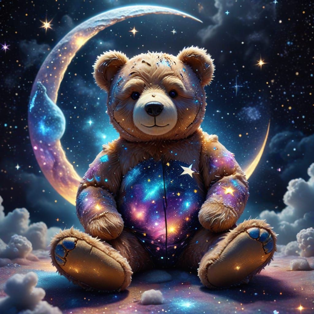 Shimmering teddy bear wearing pajamas sitting on the moon surrounded by twinkling stars and glitter clouds ...  by @Euphoric Dreams