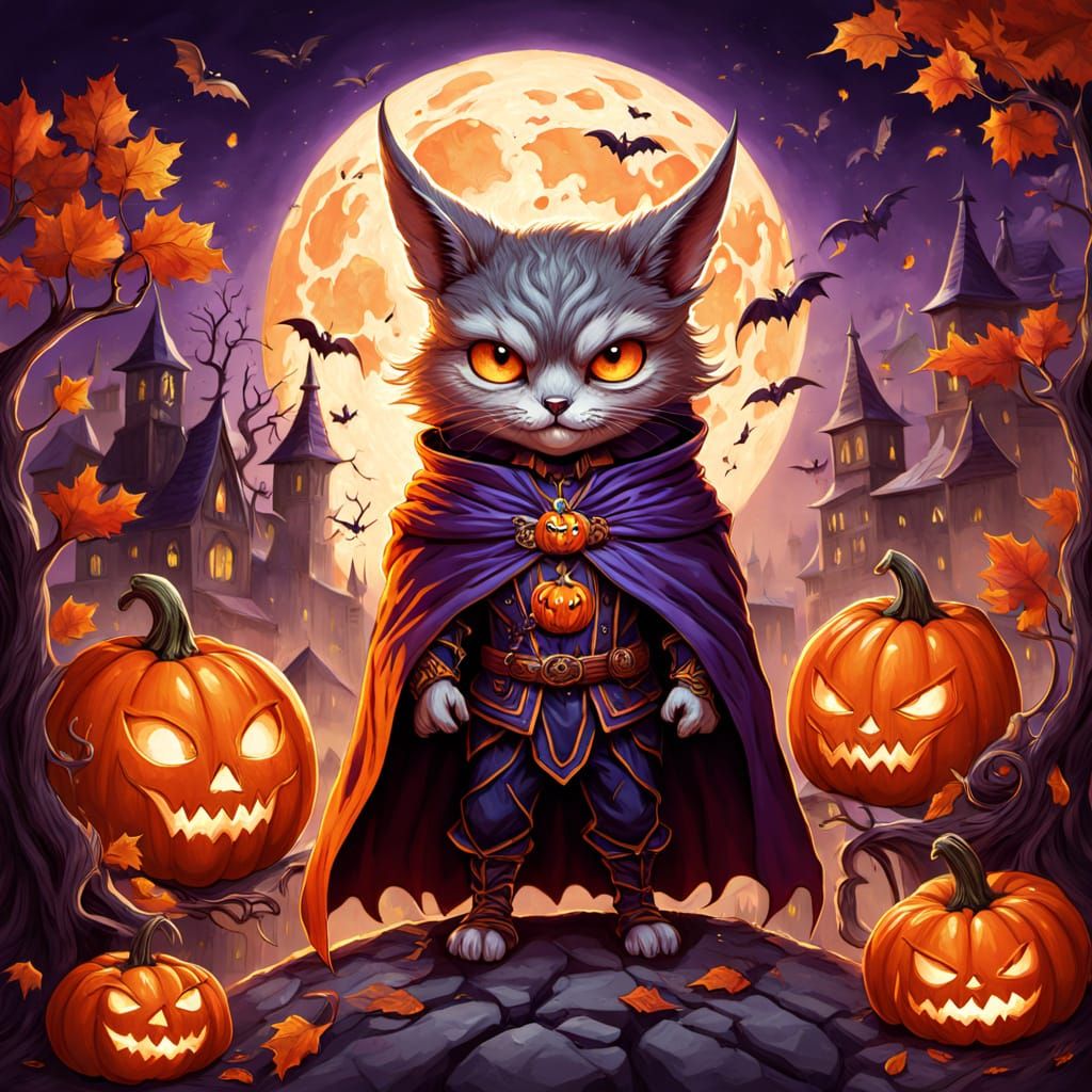 It's Halloween night. Animals in costumes are trick-or-treating: ghostly cats with a soft glow, vampire owls with red eyes, pirate dogs with...