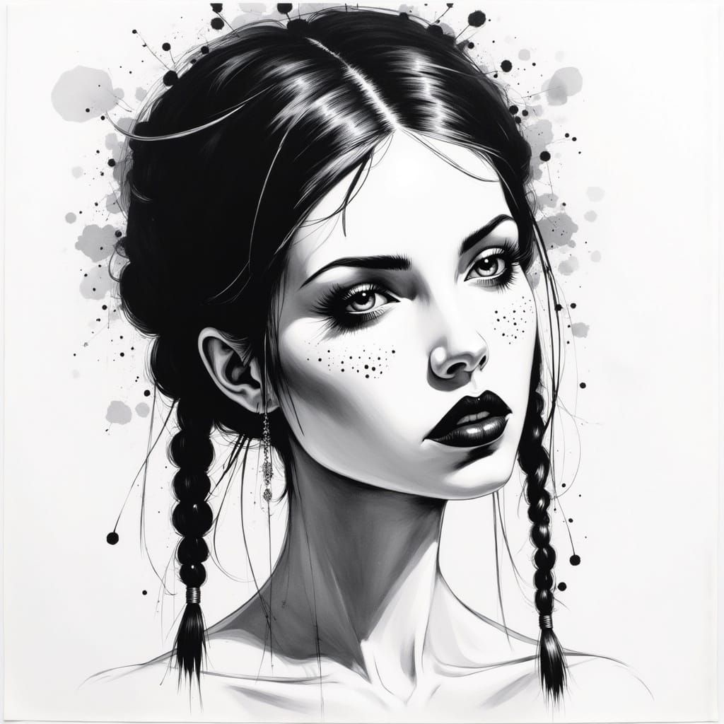 Goth Punk Woman in Bold Ink Wash Portrait