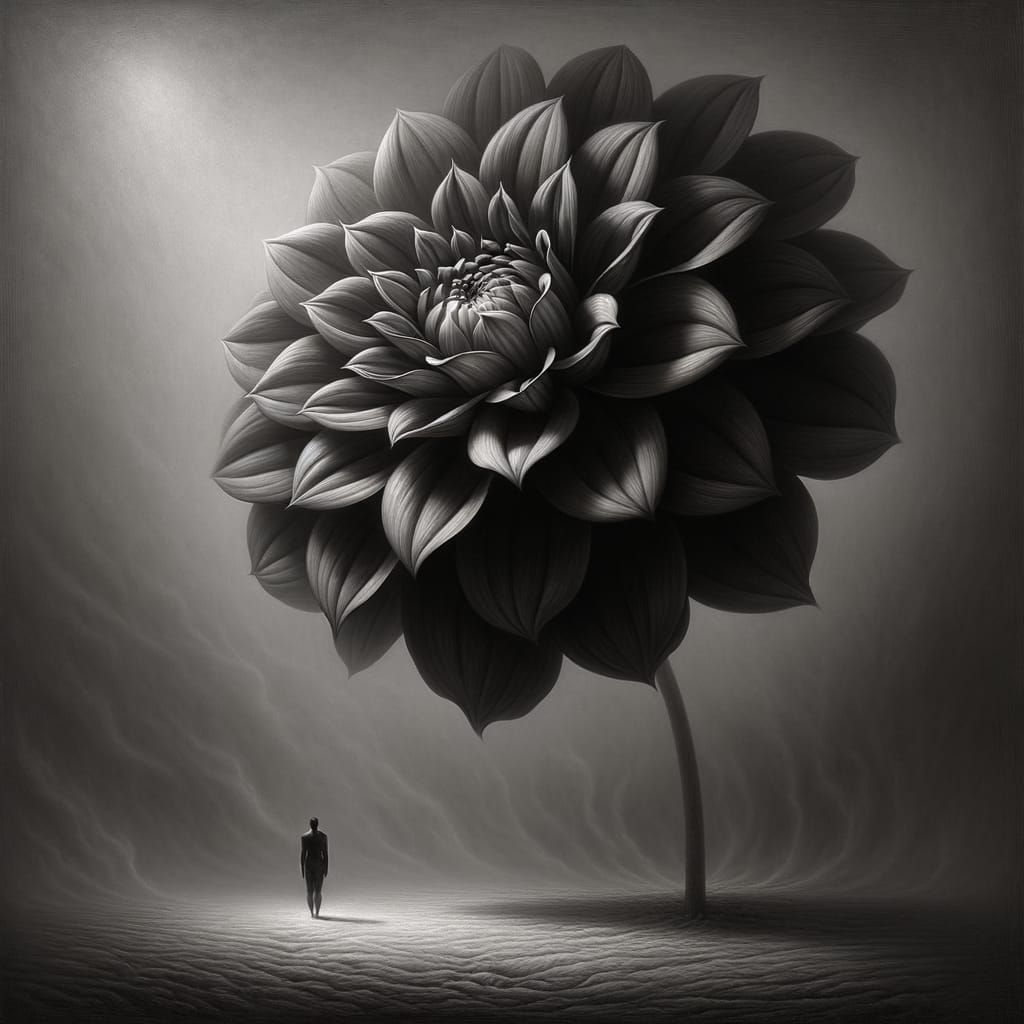 Ethereal Black Dahlia with Figure in Monochromatic Palette