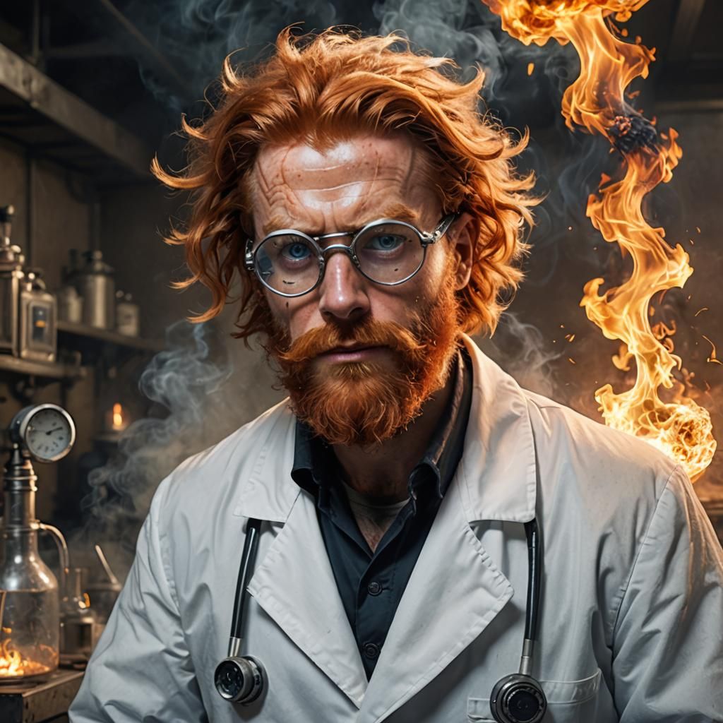 Dr. Loki Fenrison wearing smoky, heavy, thick goggles & a burning lab ...