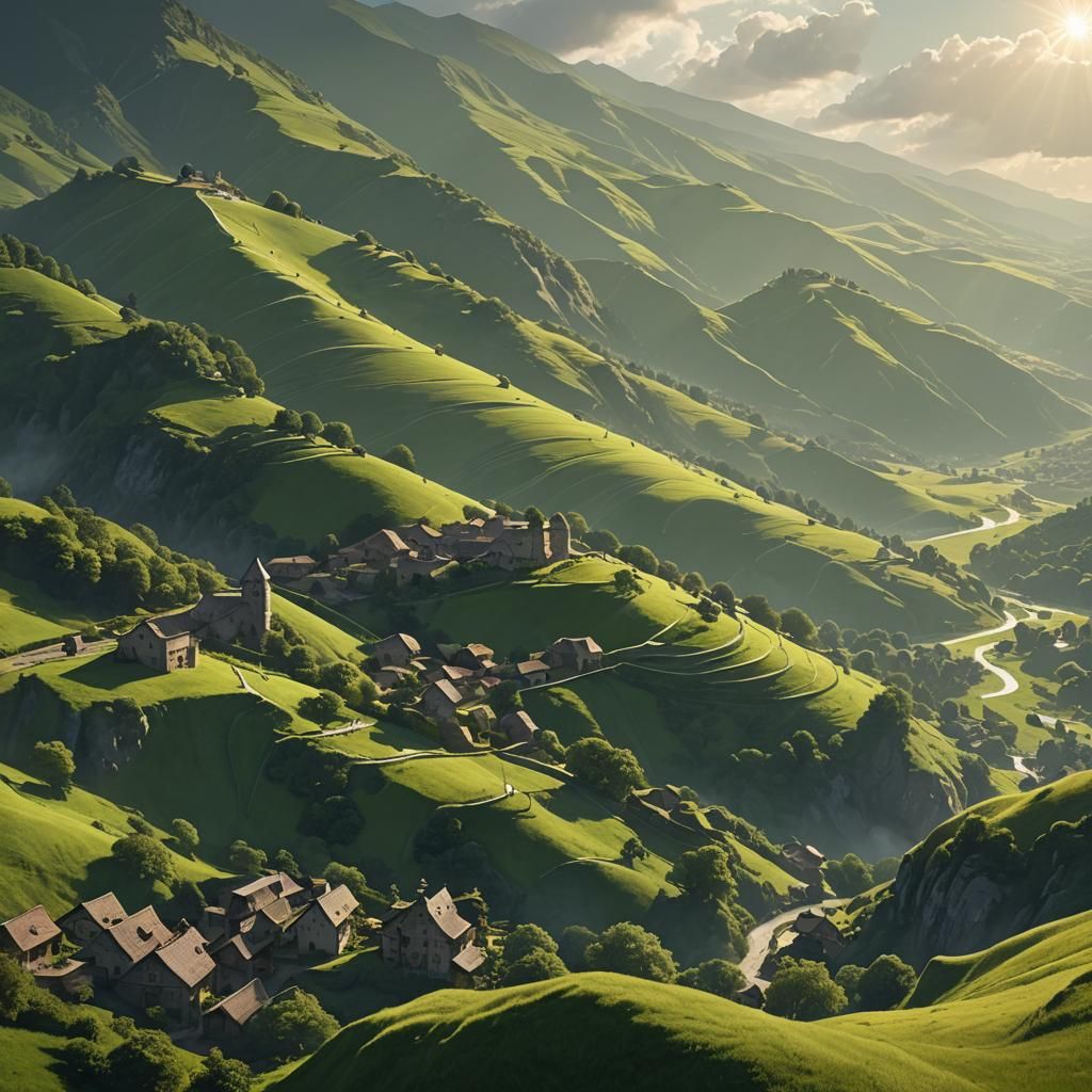 i see beautiful green hills and a  sunshine, the light of wh...