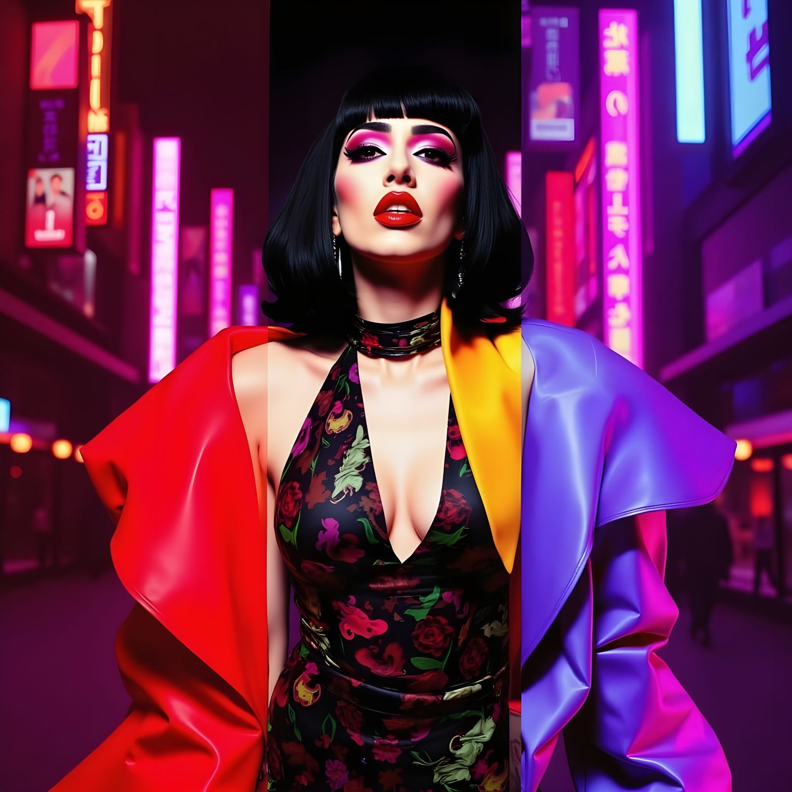 <lora:BehindTheAurA:1.0> Collage, High‑fashion editorial portrait of Lady Gaga, black hair, cyberpunk dress, haute couture, pop‑art color bl...