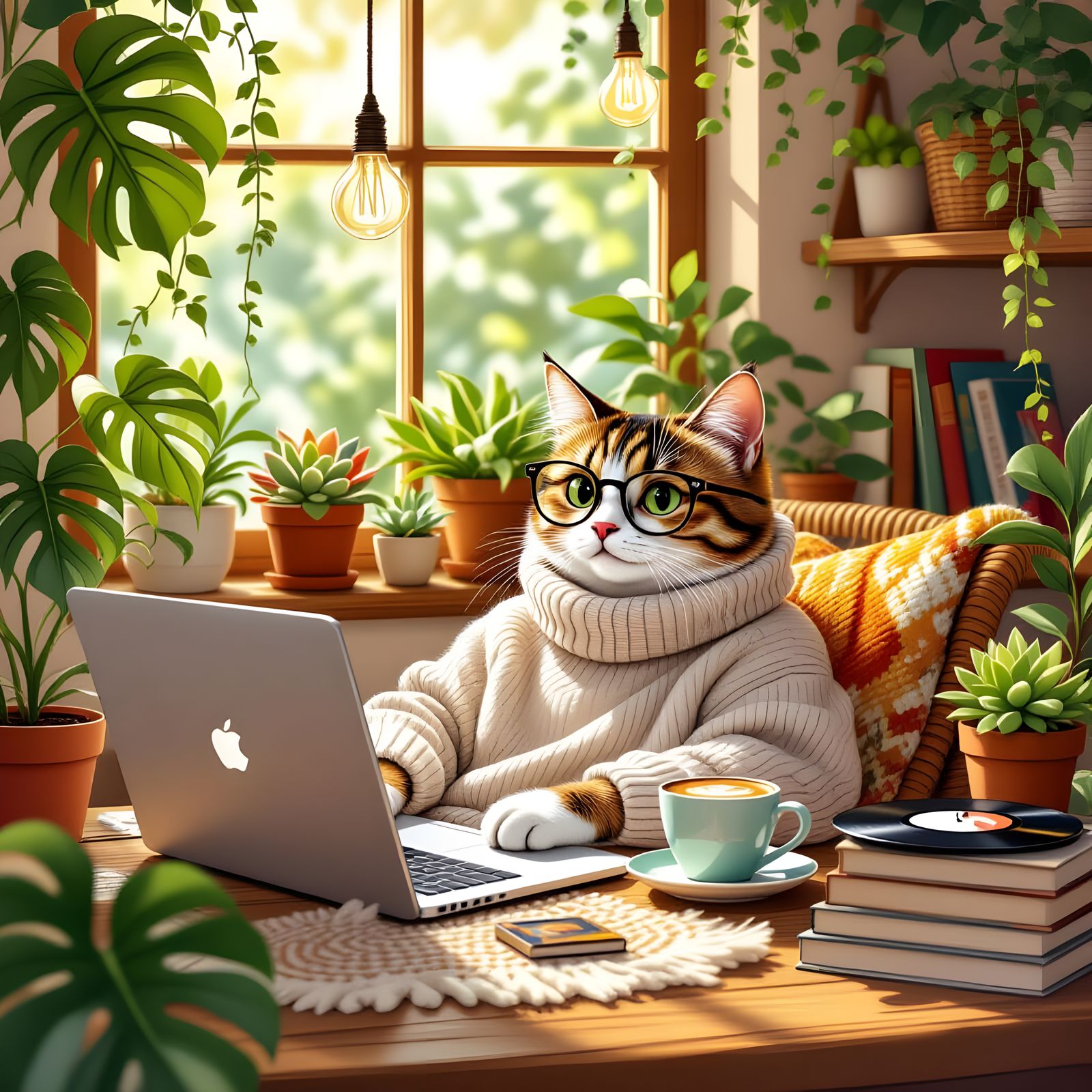Cat Lounging in Bohemian Workspace, Cartoon Style