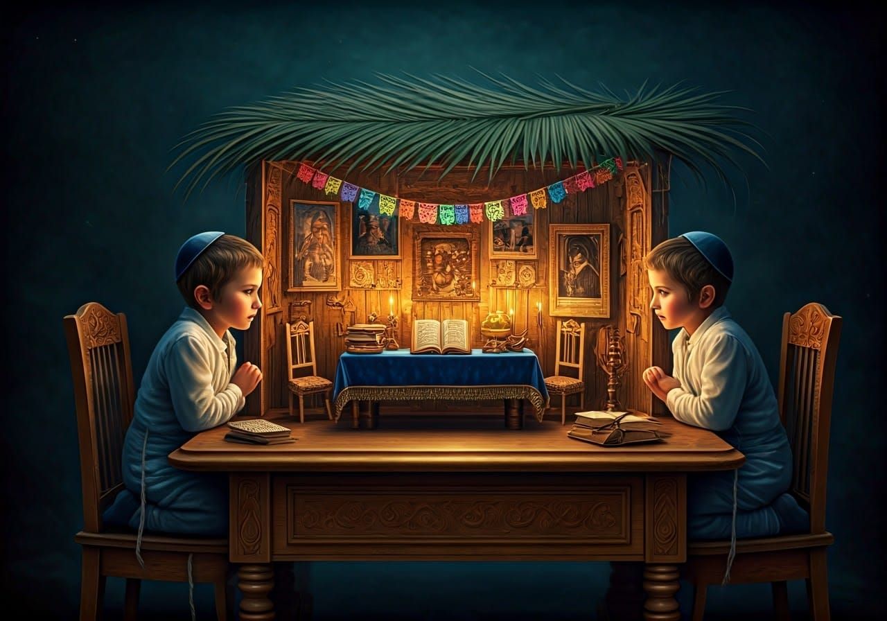 שני ילדים מתבוננים בסוכה מיניאטורית