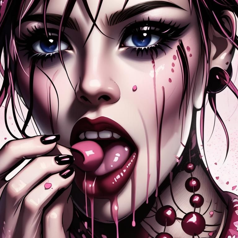 WOMAN EATING CHERRIES IN A DRIP EFFECT SETTING.