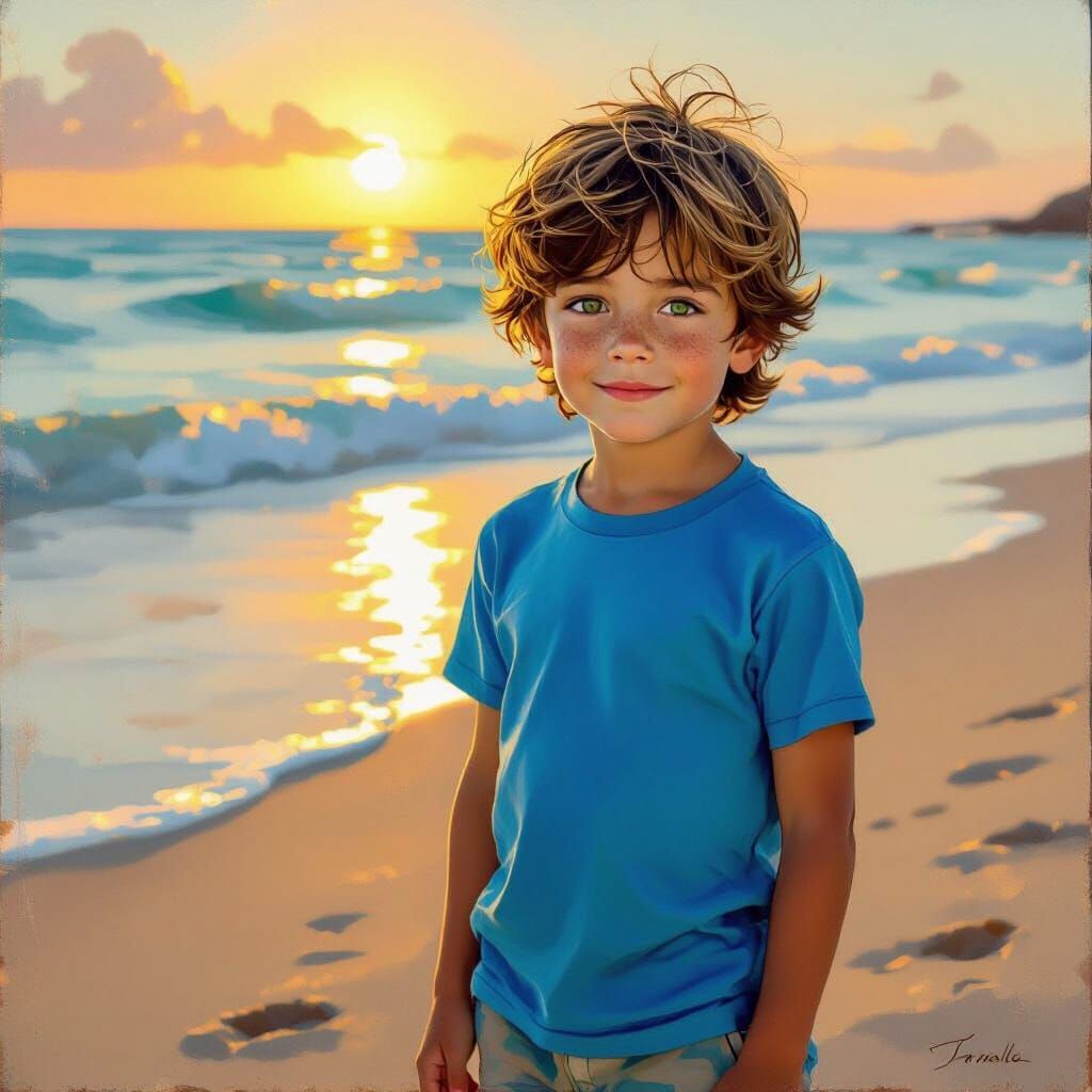 Boy on Beach at Sunset, Impressionistic Style