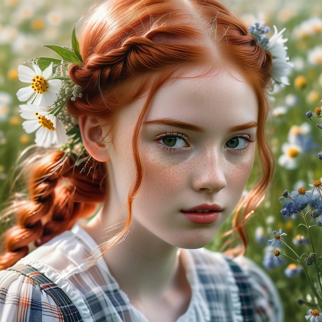 A 22-year-old woman with fiery ginger hair cascading down in soft waves, styled into charming milkmaid braids interwoven with delicate wildf...