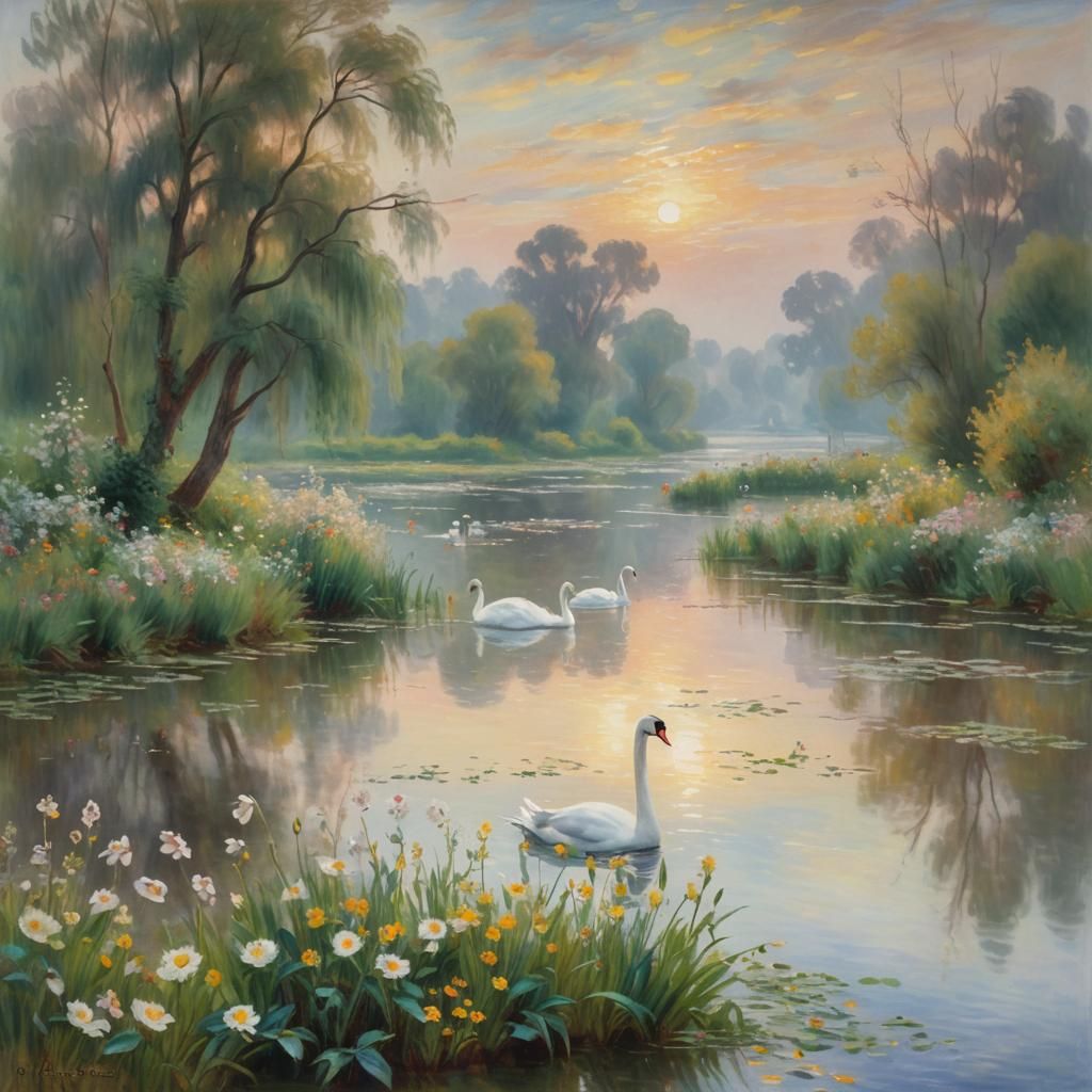 Impressionist Riverbank at Dawn with Swans