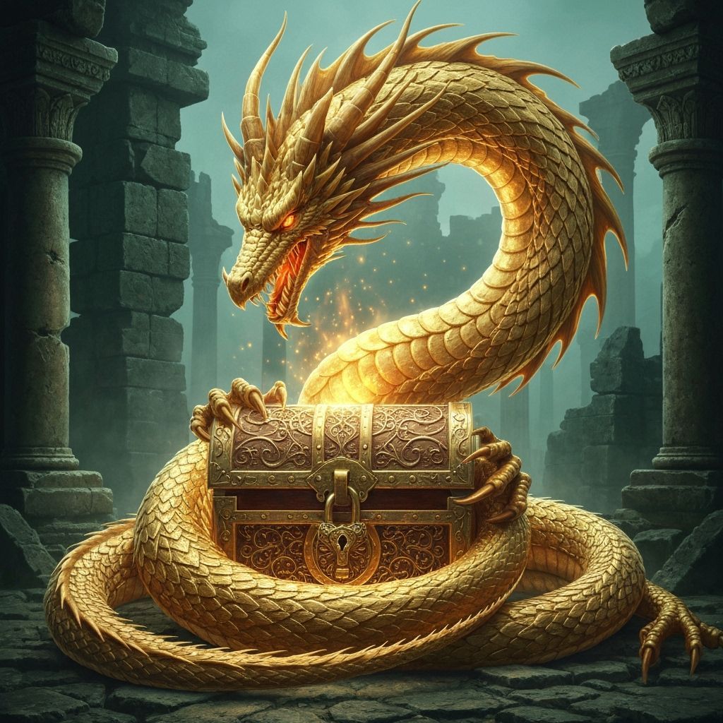 A glowing magical chest guarded by a gold dragon, ultra-realistic  by @Babasik