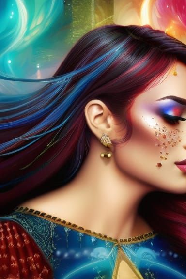 Aries. Semi-profile portrait with background. Lady with horn...