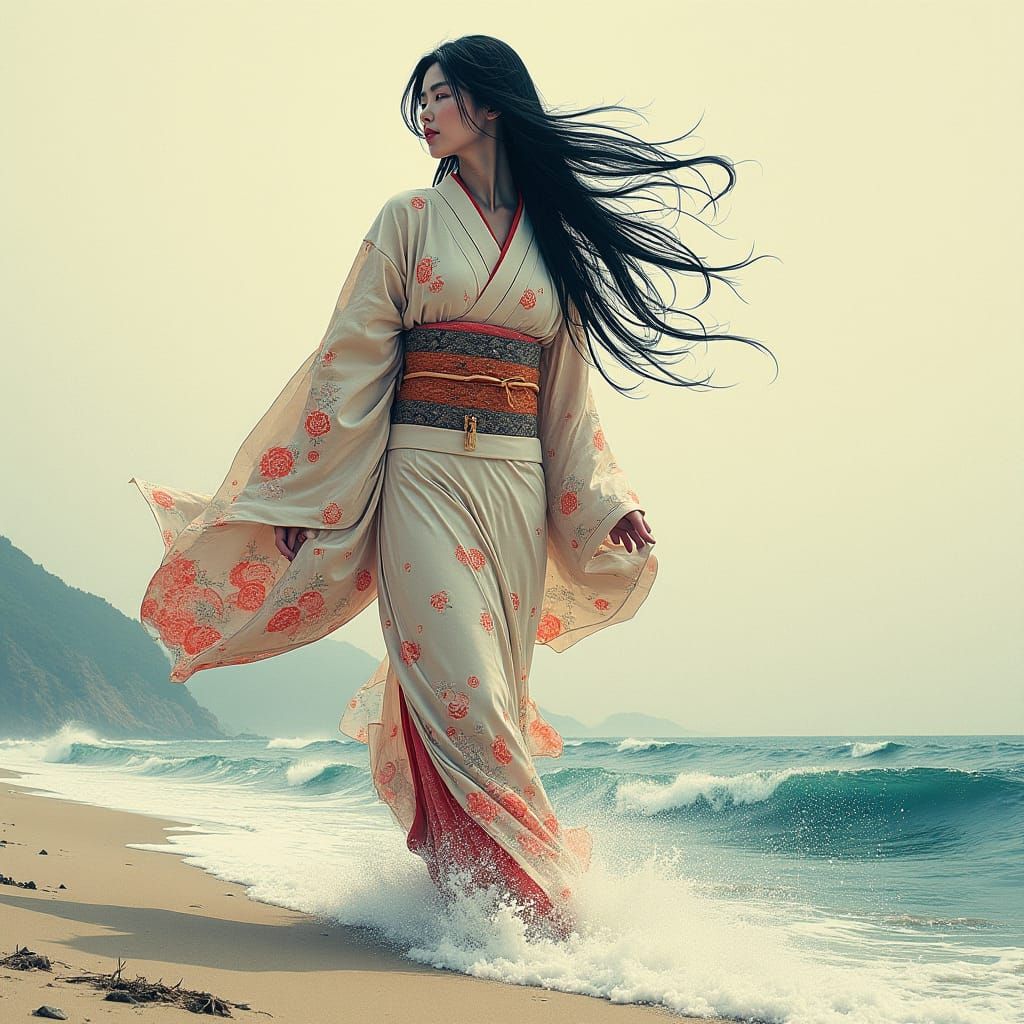 Japanese Woman in Kimono on Windy Shoreline