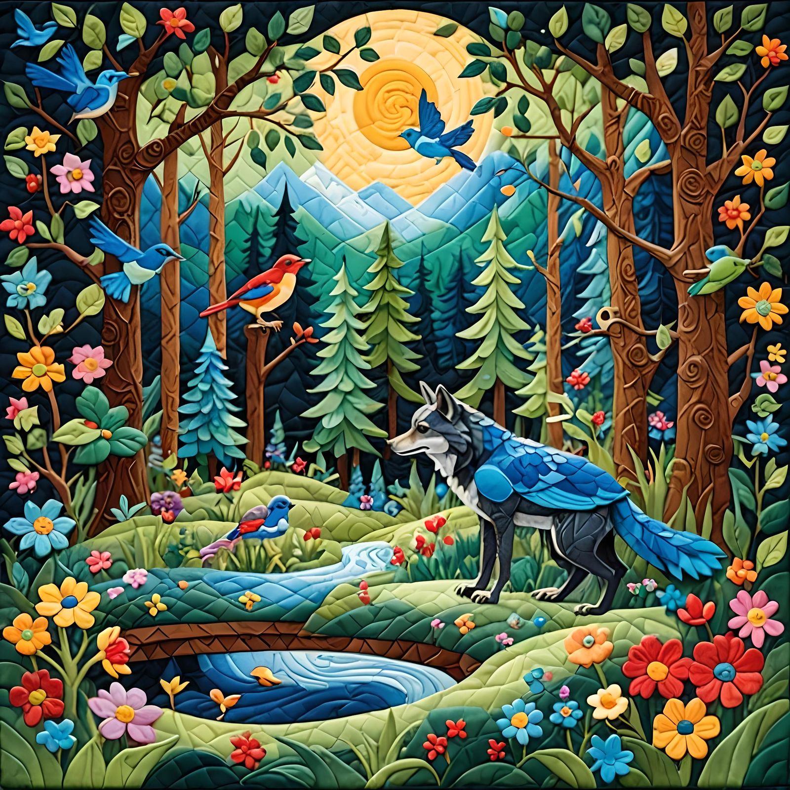 Colorful quilted scene from a fairytale forest with one wolf, a frog and a bluebird in it, very detailed ...  by @Horse-T