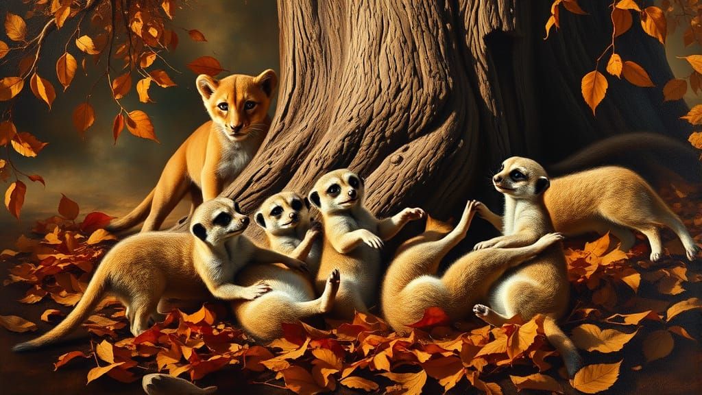 Meerkats playing and lion cub watching