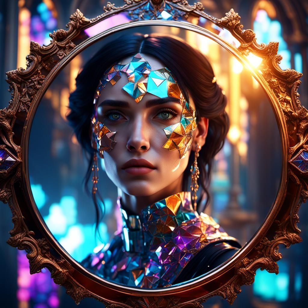 A beautiful woman's reflection in a broken mirror, her image...