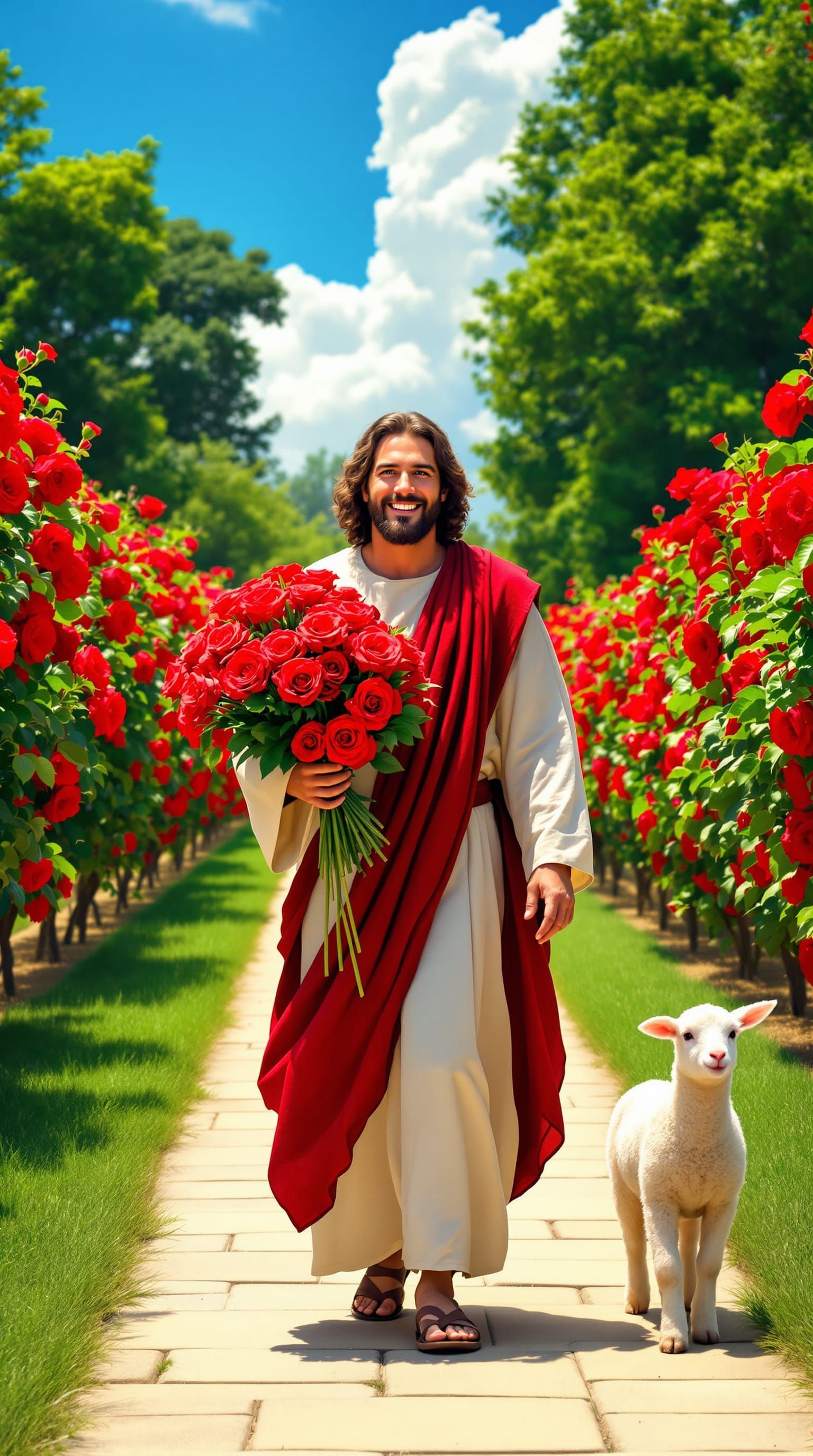 Jesus Holding Roses on Garden Path Cinematic Film Still