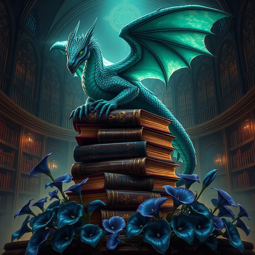 a dragon sitting on top of a pile of books, by Anne Stokes, ...