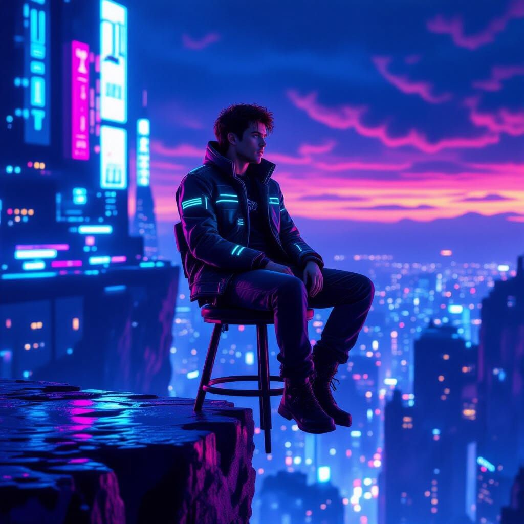Cyberpunk Man Falls From Cliff Edge on Tipping Stool