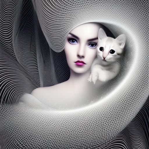 incredibly beautiful woman holding a kitten, movement, white...