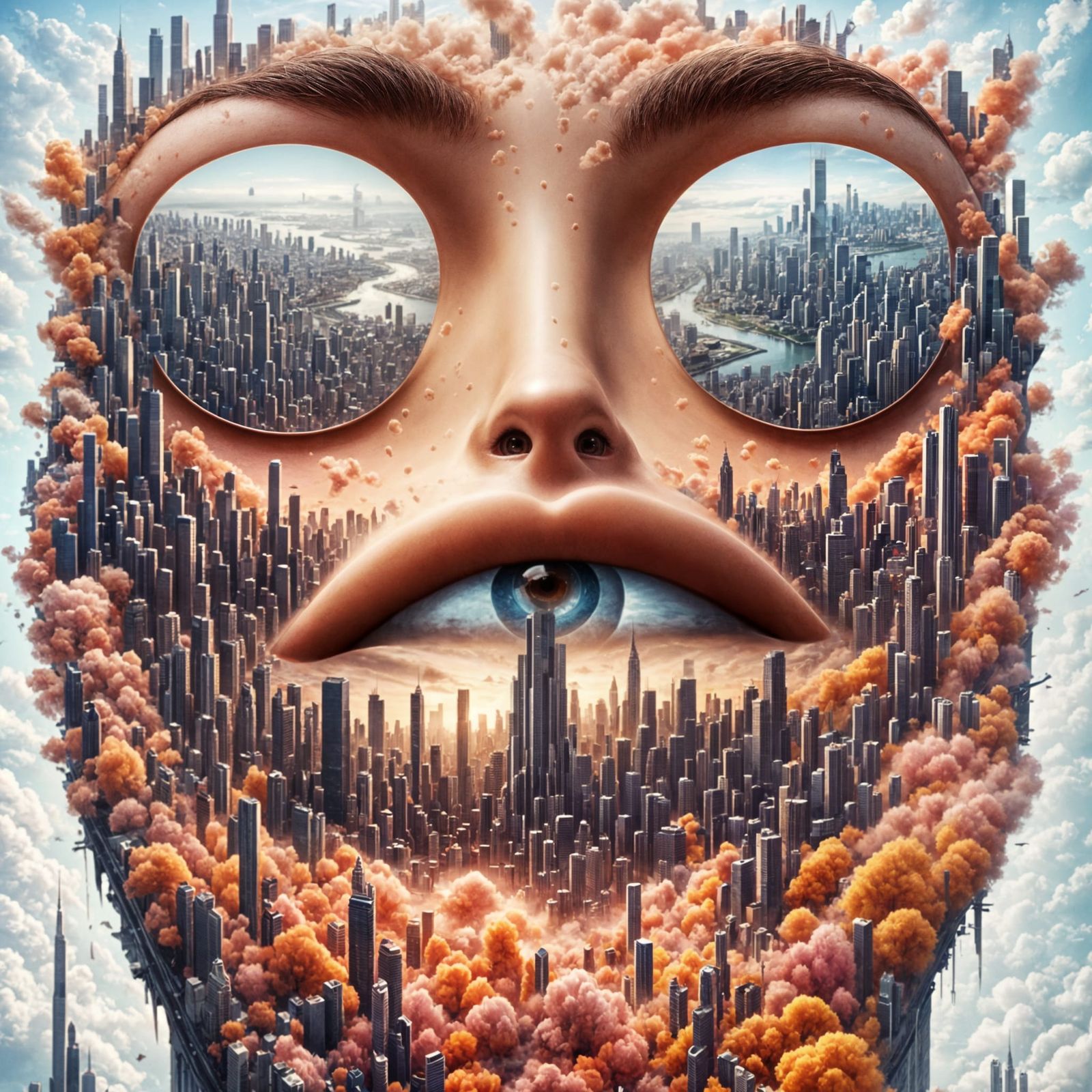 Surreal Cityscape Inside a Face