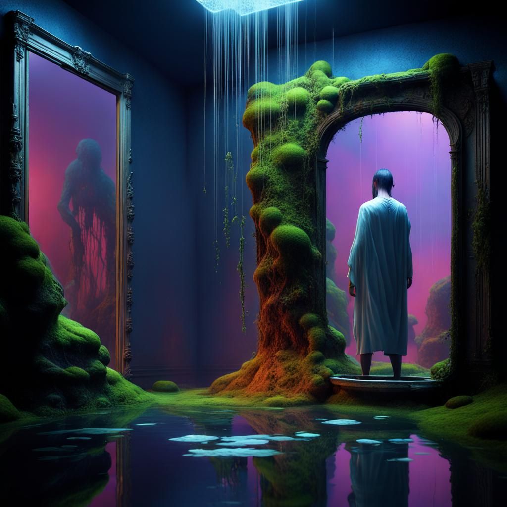 Very White room, Beksiński style white walls, long ugly man ...