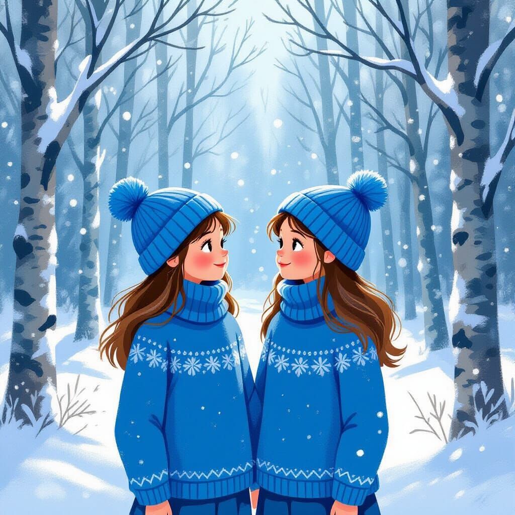 Twin Sisters in Snowy Forest Storybook Illustration