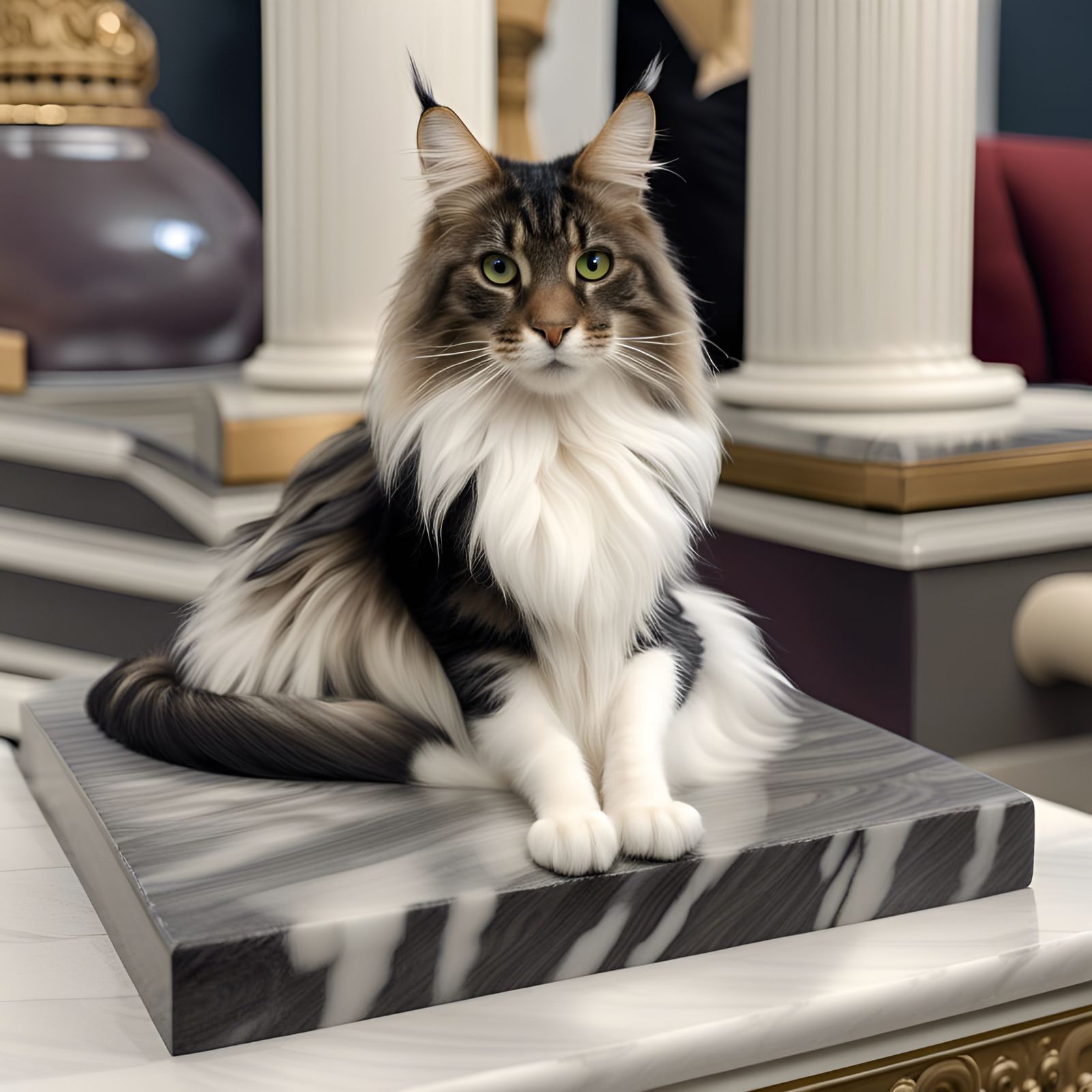 MaineCoon male cat with a tuxedo pattern coat sitting on top...