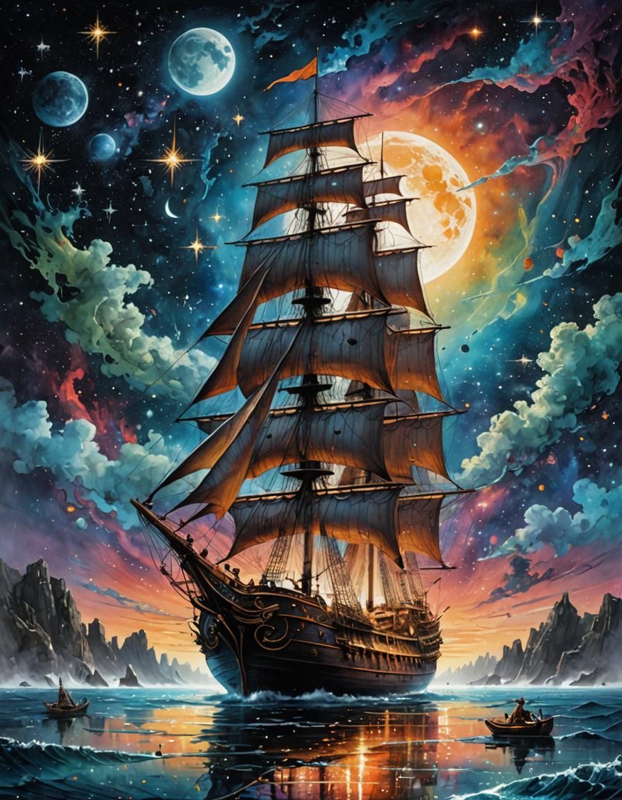 Sailing under a starry nebulous sky ✨  by @Vixsin