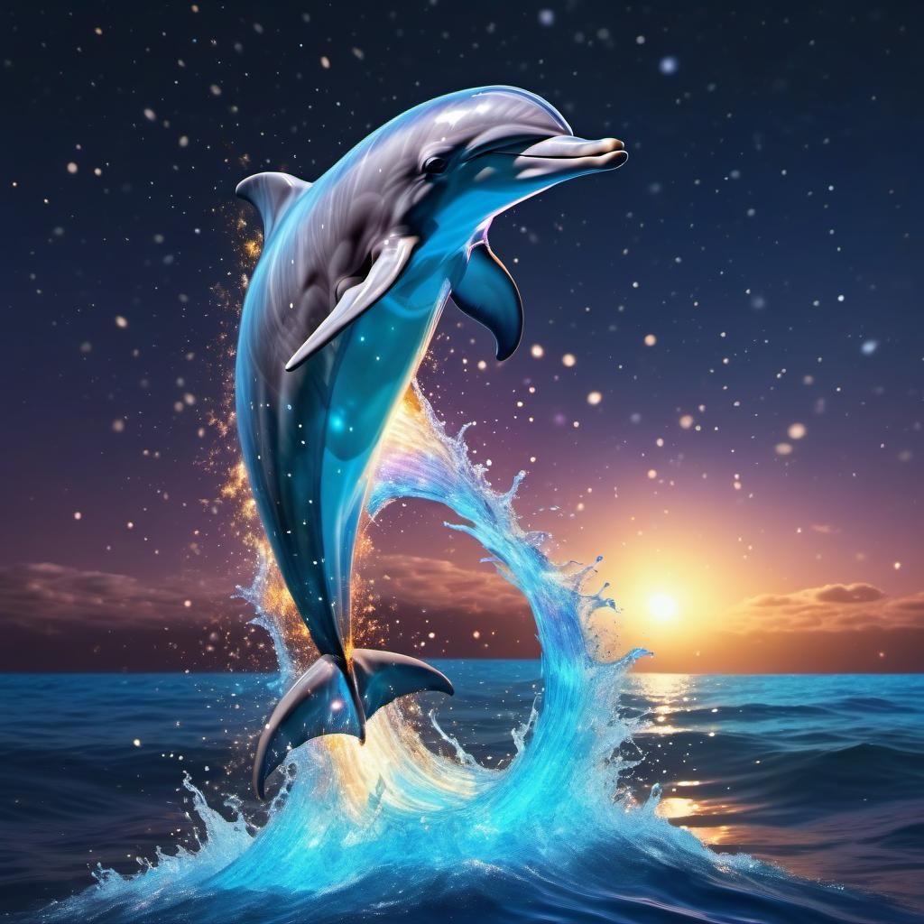 (Crystal dolphin:1.3) jumping. Sparklight. Middle of ocean. Moonlight starry night. Hyperrealistic, splash ...  by @Leandro Erran