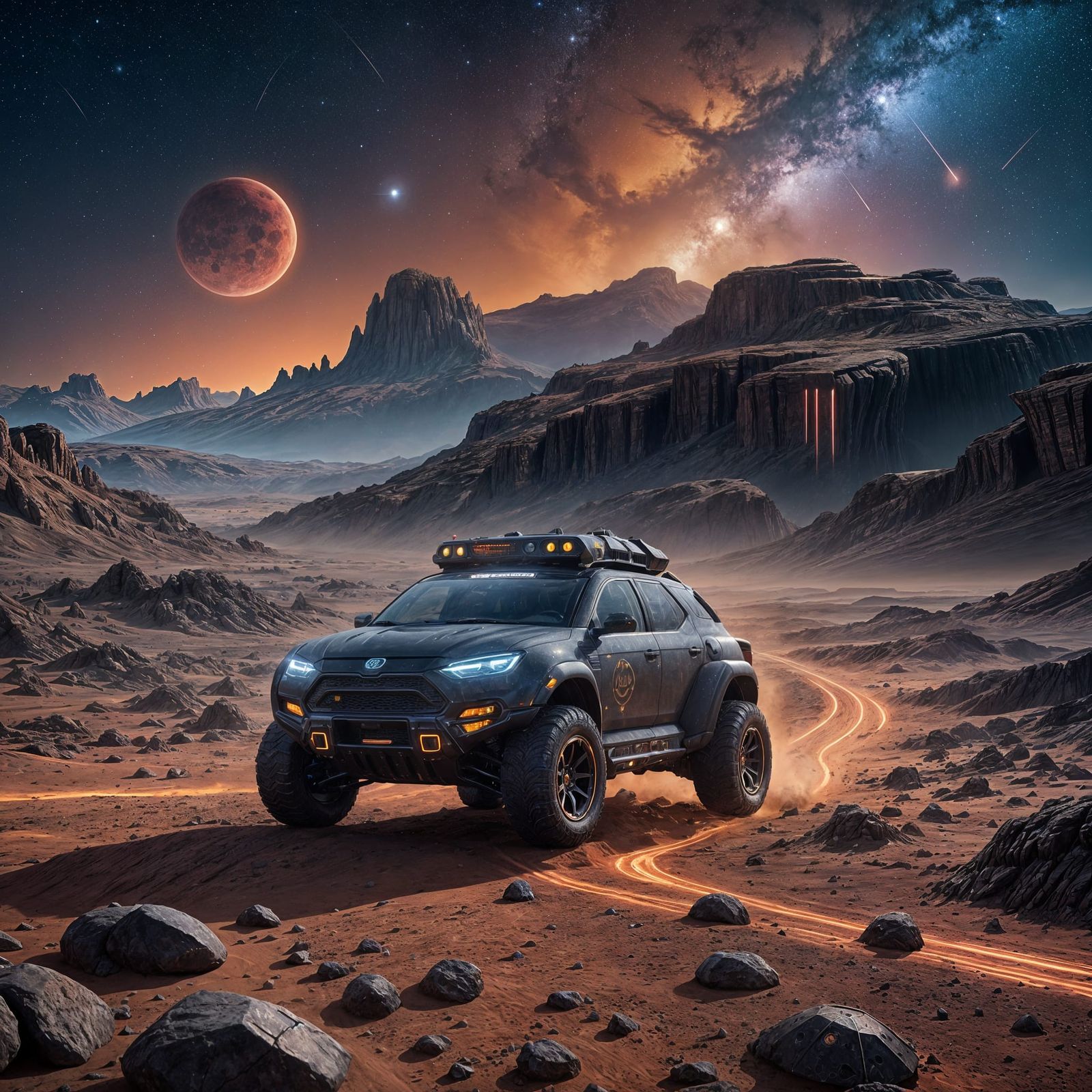 Cybercar on Mars in Detailed Matte Painting Style