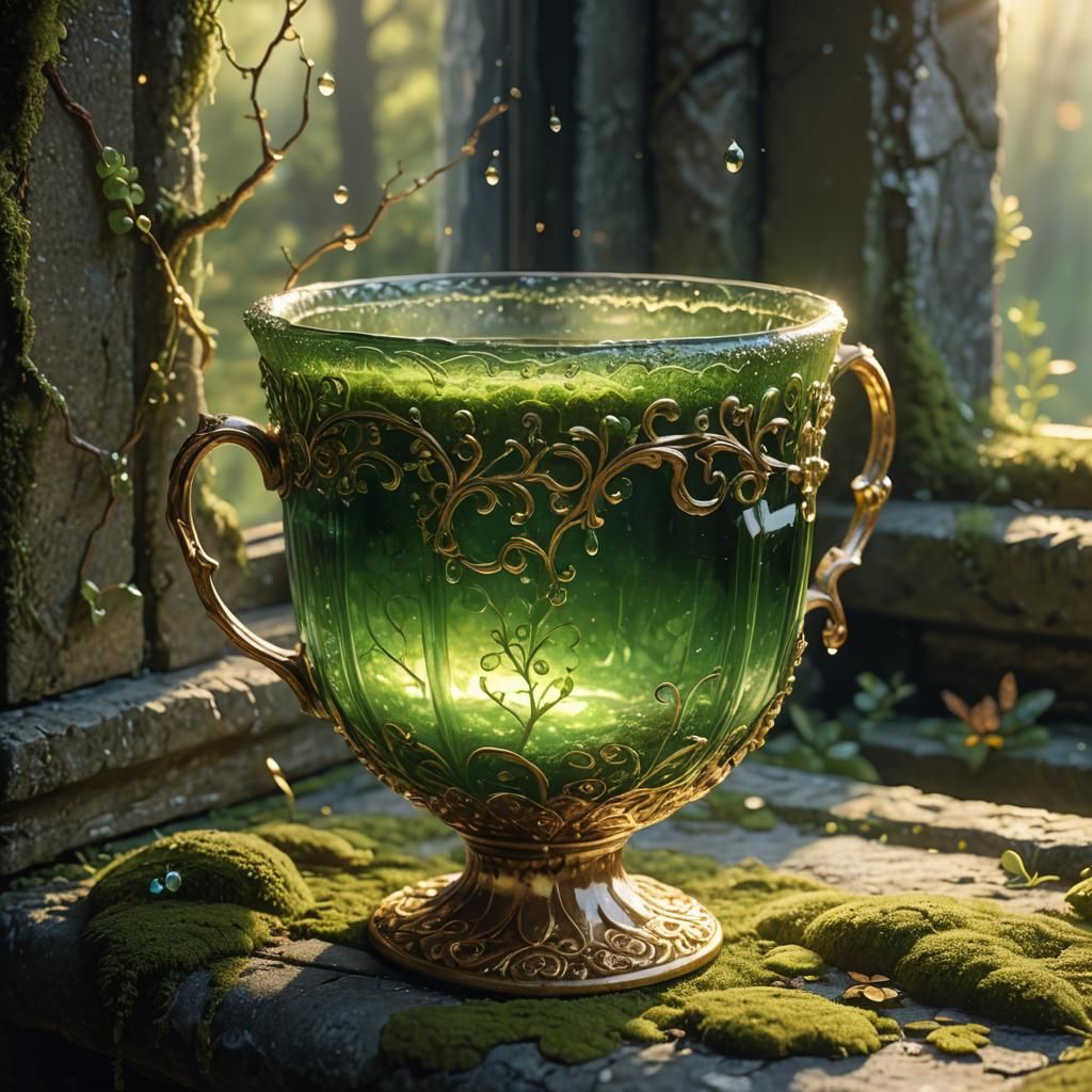Ornate Green Cup on Mossy Windowsill in Fantasy Art