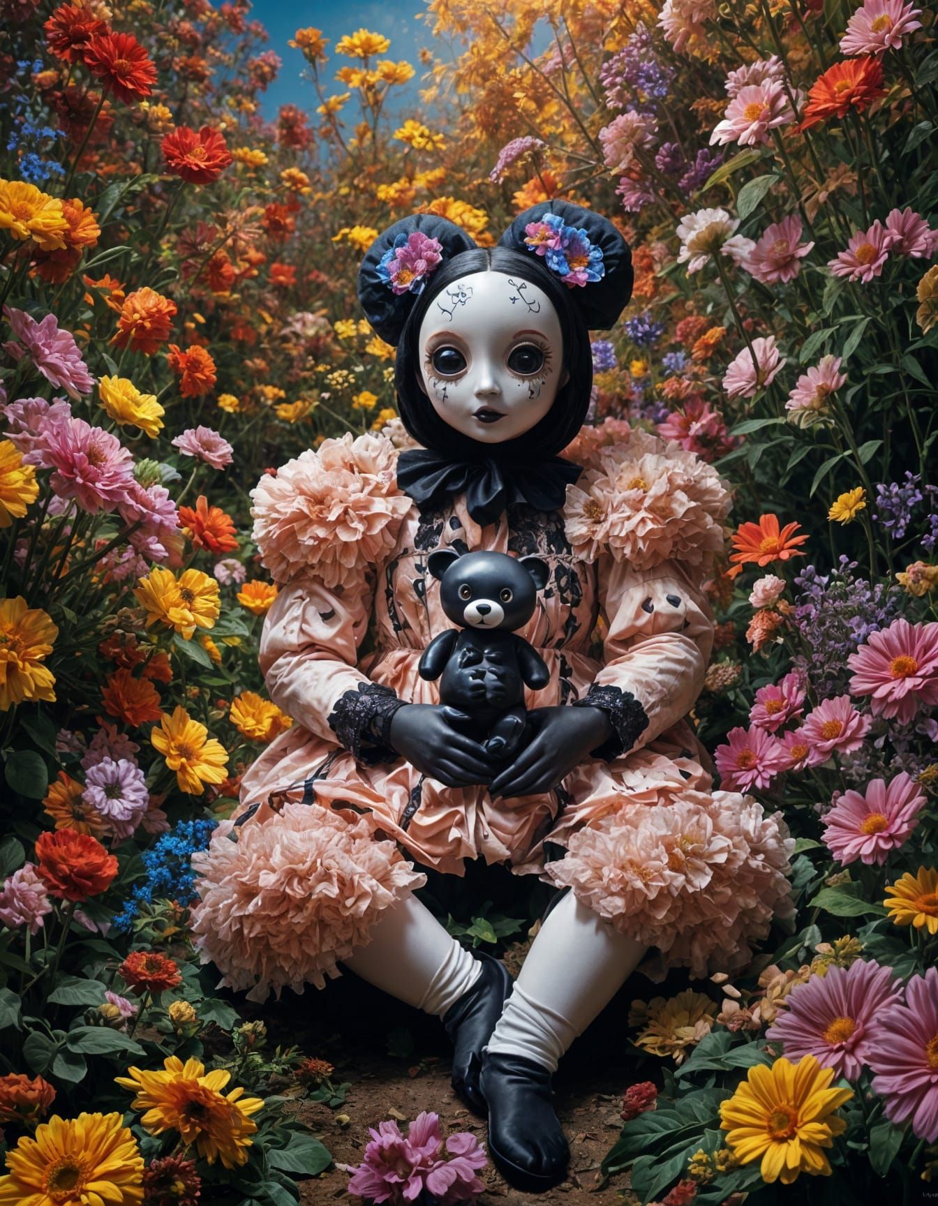 Luminescent Rainbow Flowers with Fairy in Double Exposure