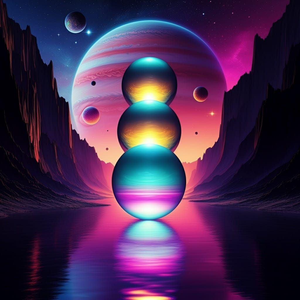 Surreal Cosmic Landscape with Reflective Spheres