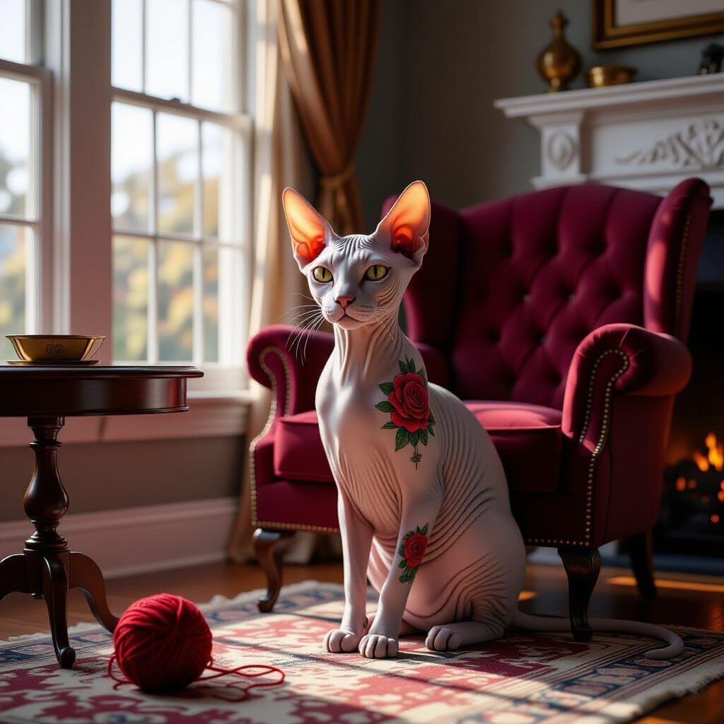 Hyperrealistic, highly detailed illustration. A Sphynx cat sits beside a deep burgundy armchair in a cozy American-style interior with large...