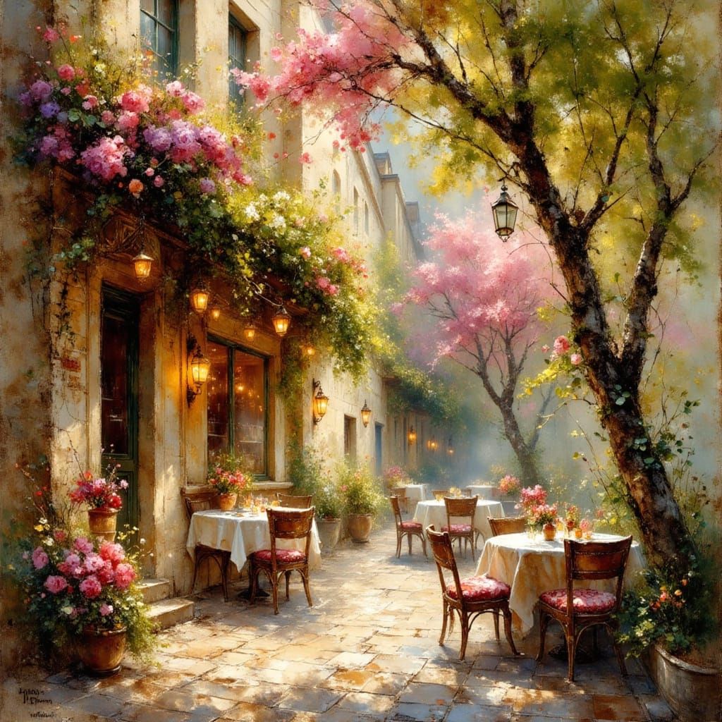 French Cafe scene, spring, epic lighting  by @Andy Does AI