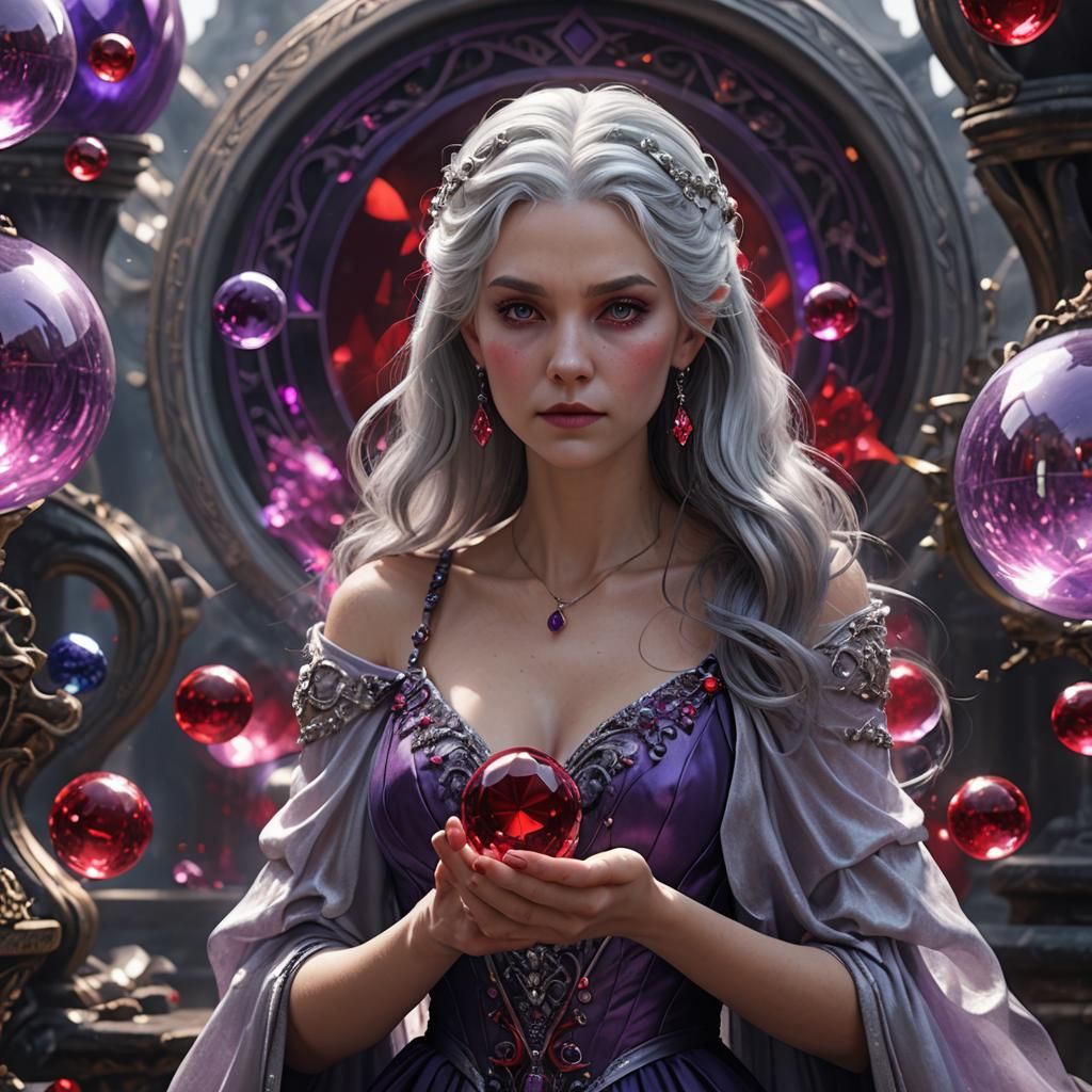 silver hair purple dress red crystal magic glass ball