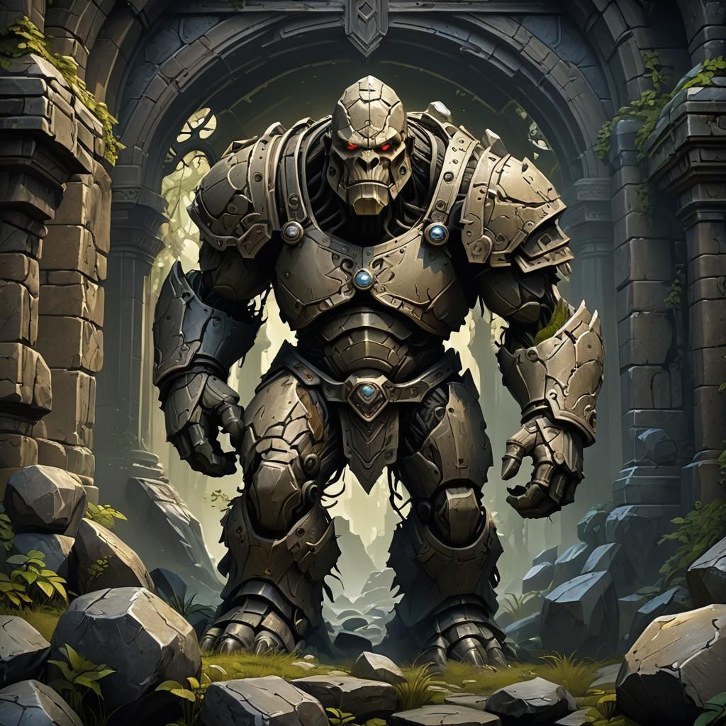 (Rpg old-school illustration of a stone golem, in the style of todd lockwood) highly detailed artwork, with intricate design a masterpiece,...