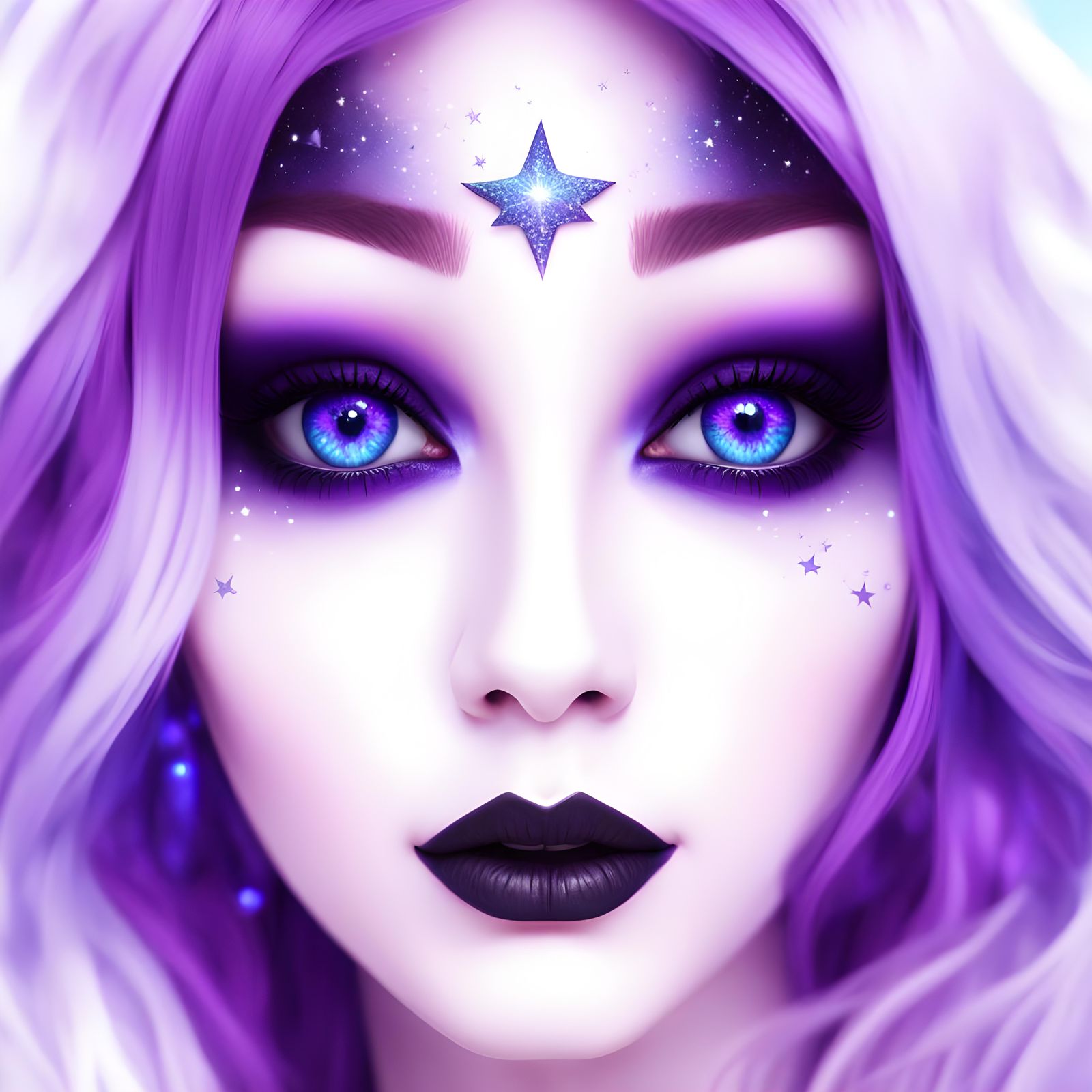 Ethereal gothic witch with purple hair and starry blue eyes with purple eyeshadow with black eyeliner ...  by @Connie Marie Forrest 