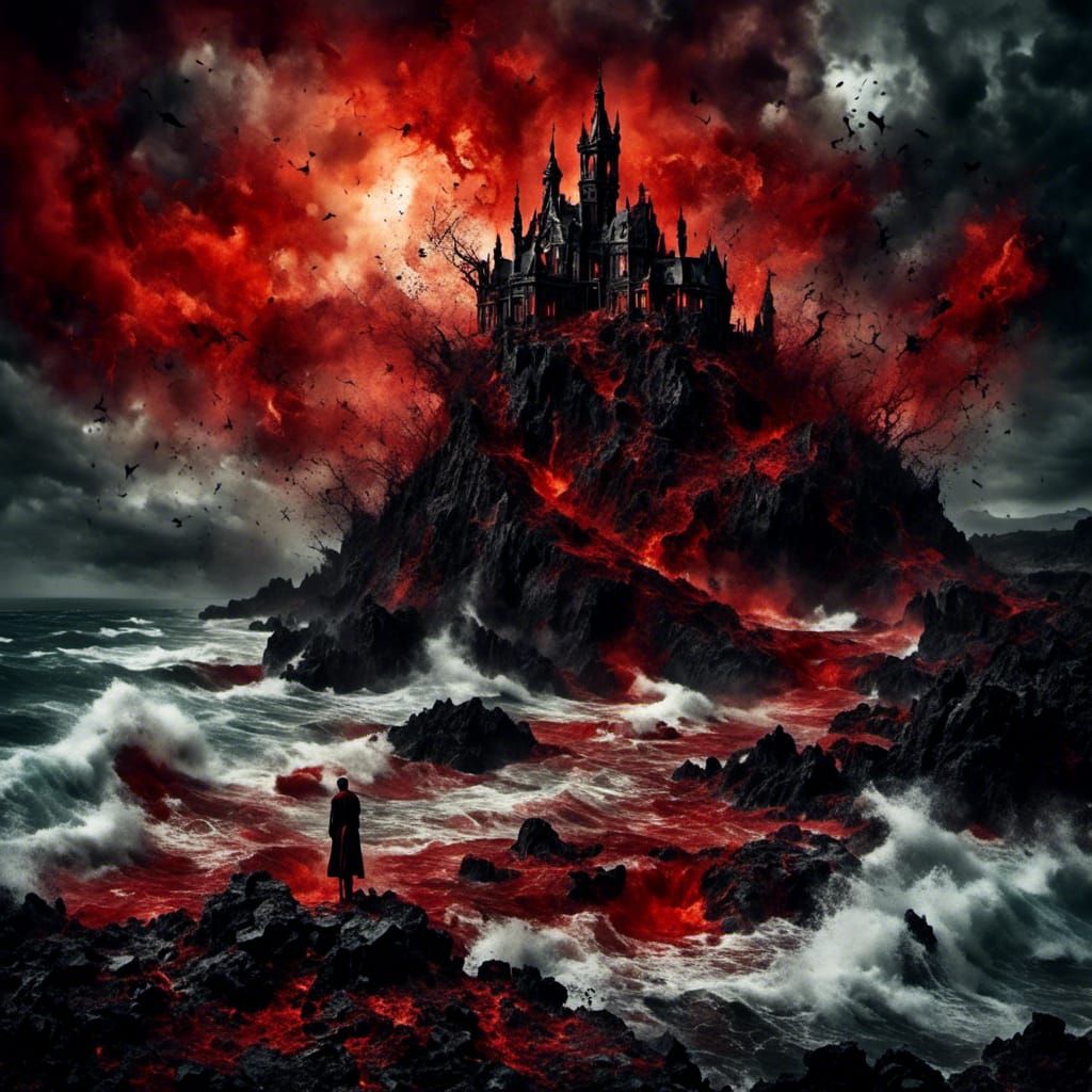 <lora:Tragic red:1.0> A fiery summers day at the beach, blood, red, tragic, screaming, despair, gothic 