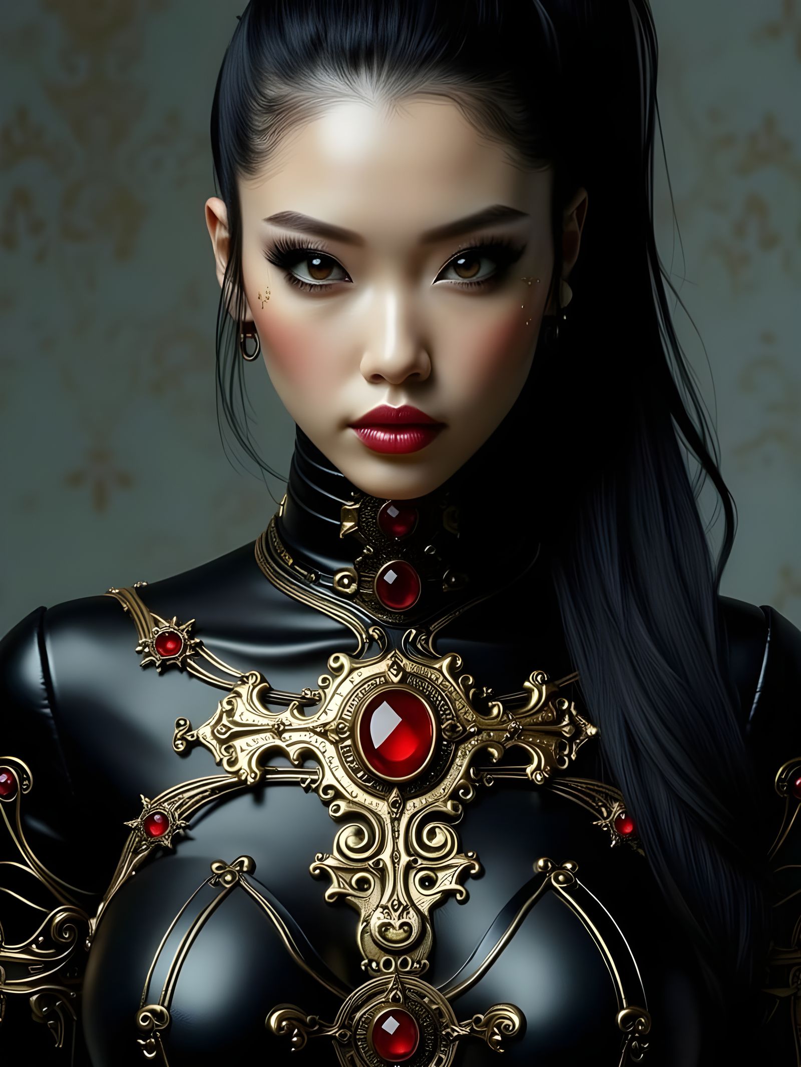 <lora:FantAlenD:1.0> A photo of a 25-year-old Asian woman with black hair and a very long ponytail. She is dressed in a form-fitting, high-g...