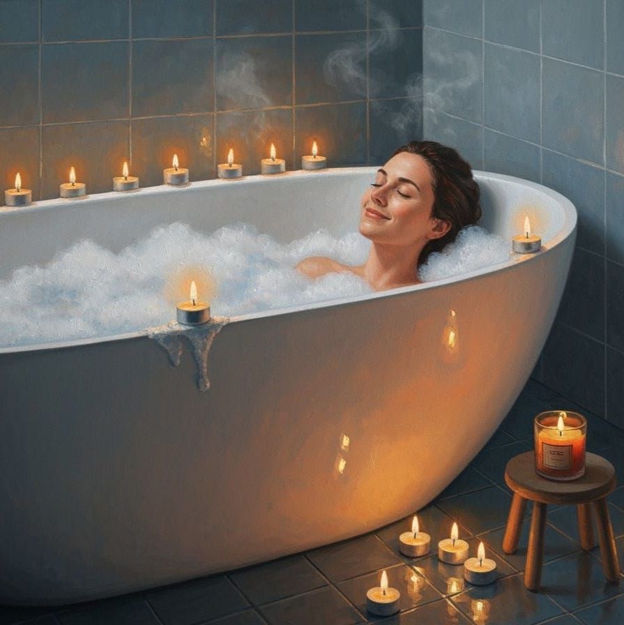 Relaxed woman finds inner peace in candlelit bath  by @grl_pwr