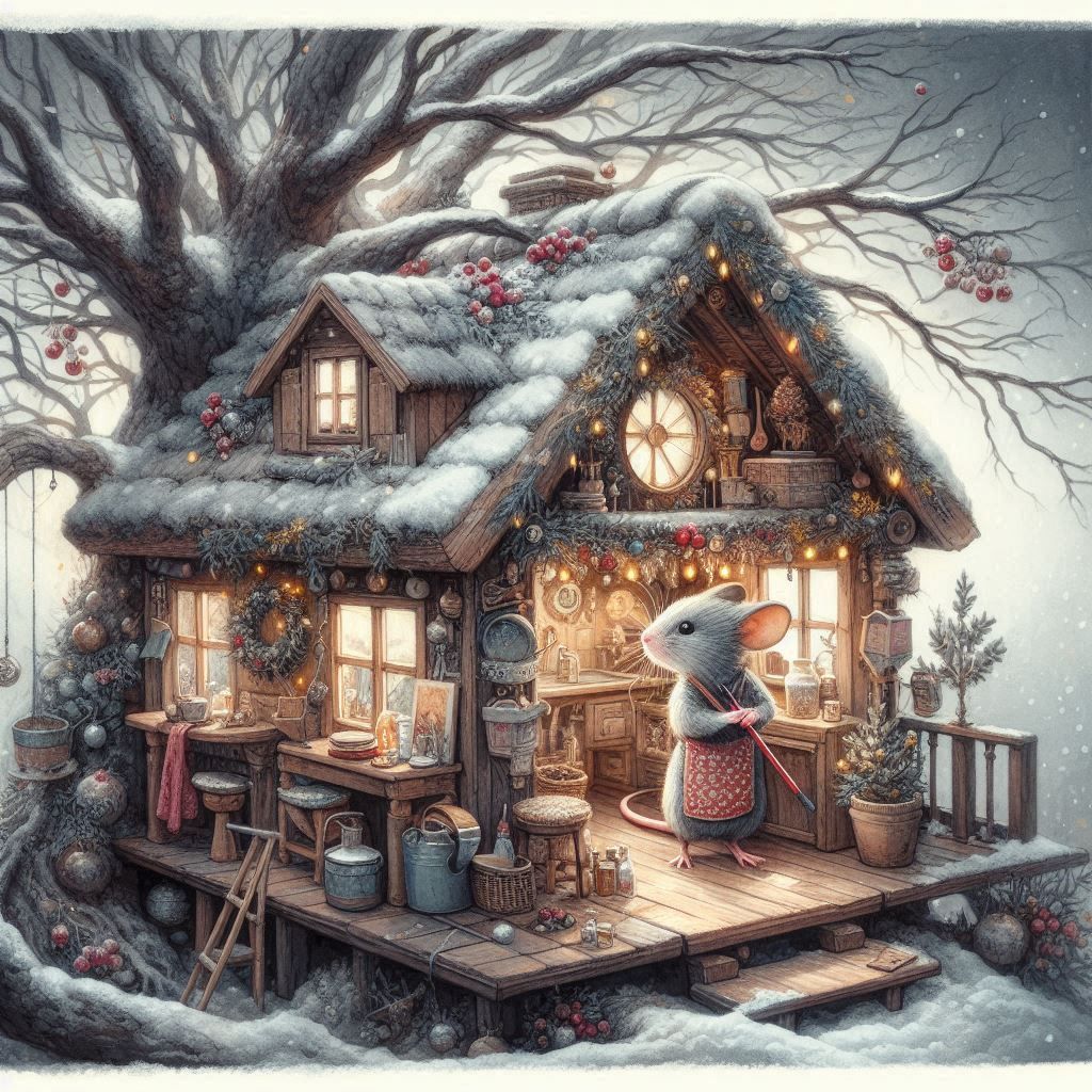 Mouse cleaning the cozy house