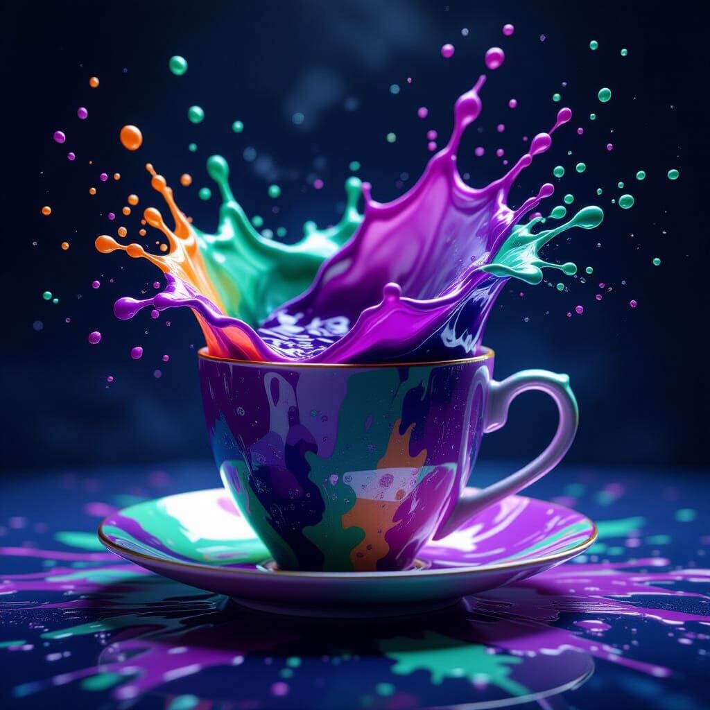 Vibrant Liquid Explosion from Ceramic Teacup