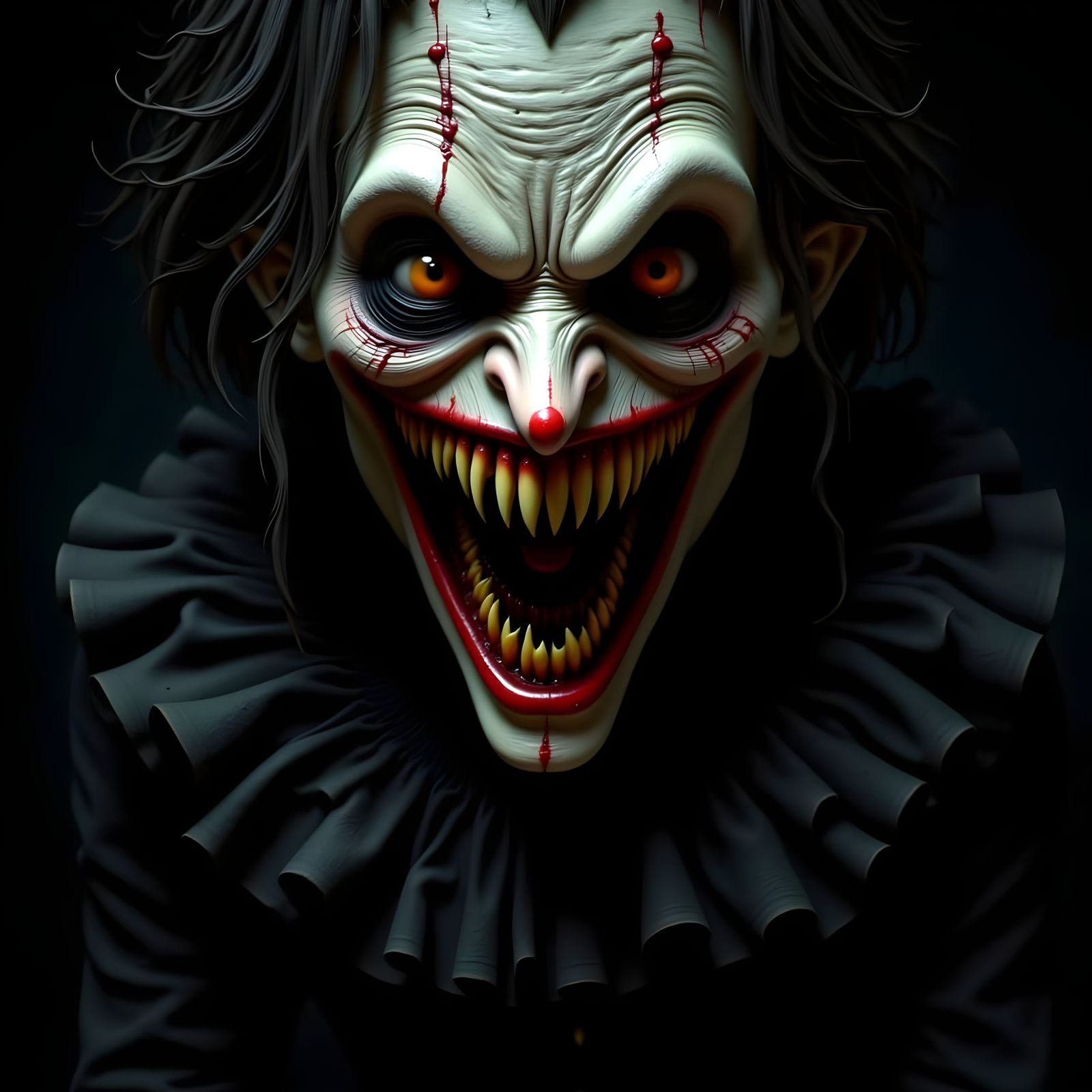 <lora:Wicked Smile:1.0> An evil clown with a disturbingly wide, creepy smile, its face a stark white mask with exaggerated red lips and holl...