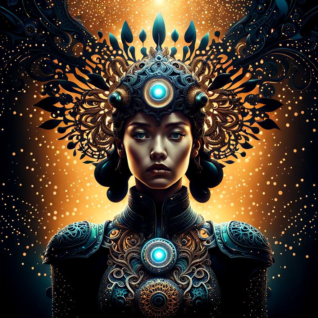 Mystical cyborg rising , intricately wrought from ferrofluid. cinematic lighting, glitter : extreme detail : intricate motifs : gorgeous and...